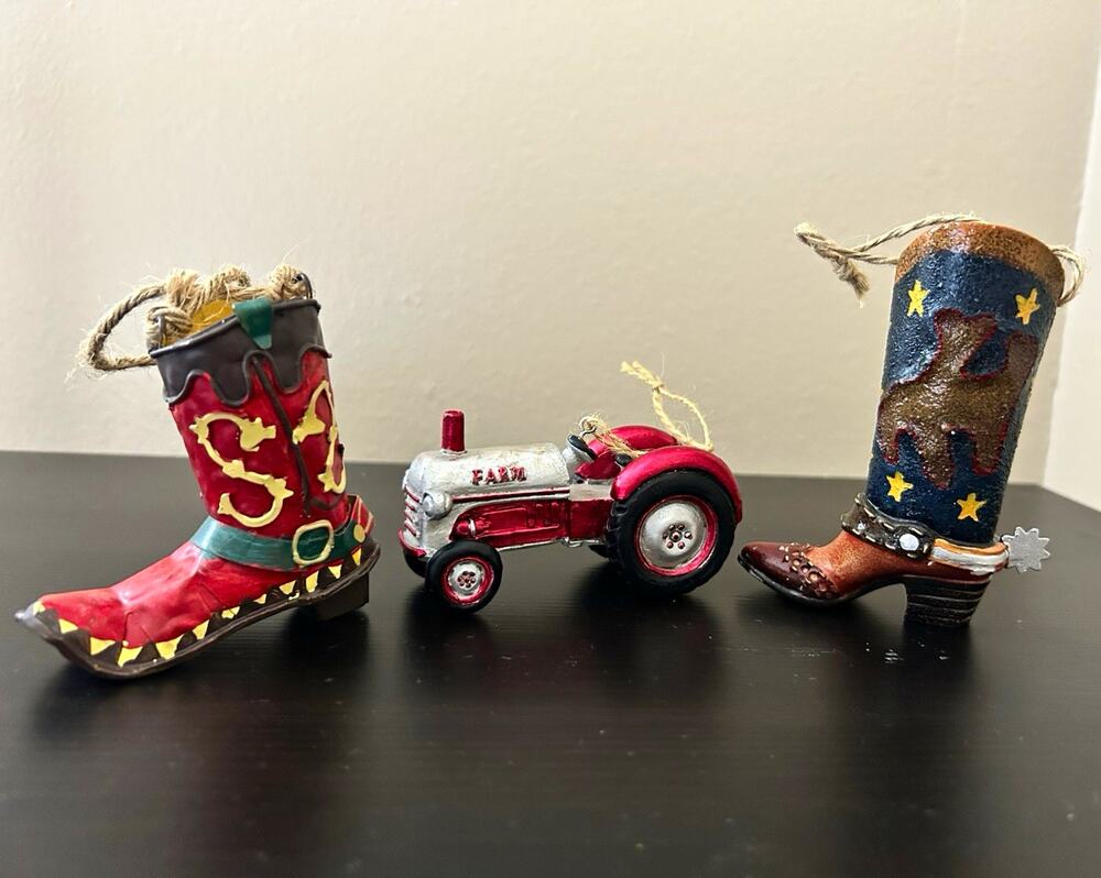 Rustic Western Christmas Tree Ornaments Set - Cowboy Boots & Vintage Red Farm Tr